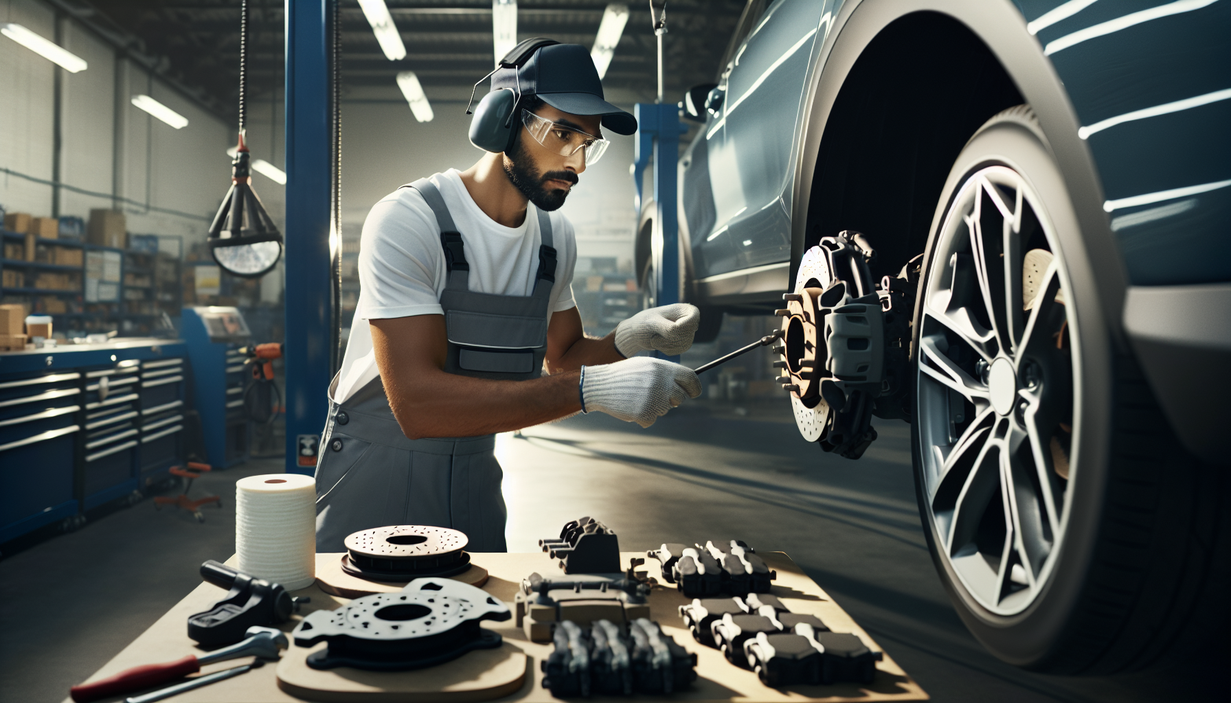 Professional mechanic inspecting brake rotors and calipers at auto repair shop