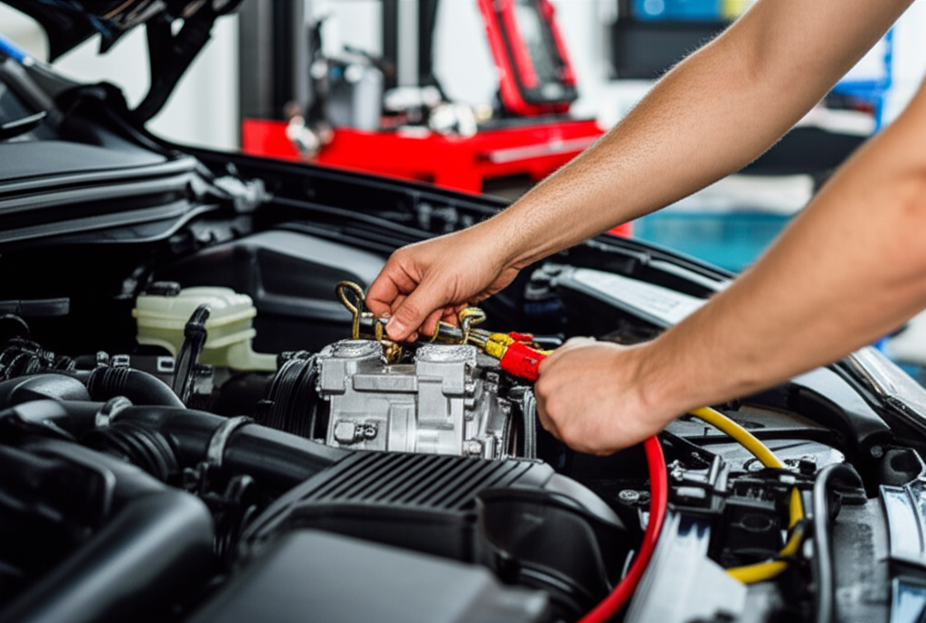 Professional mechanic servicing AC compressor at Hyperion Auto Repair in Los Angeles
