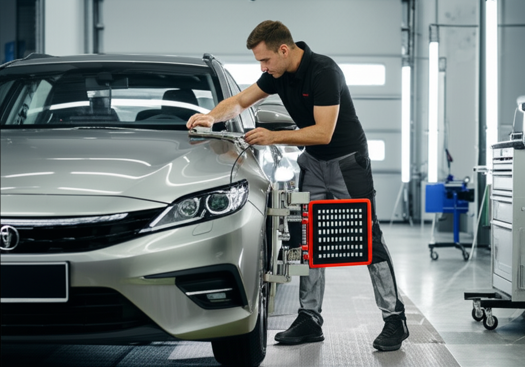 Professional auto body technician performing panel alignment and inspection with laser equipment at Hyperion Auto Repair in Los Angeles