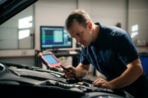 Professional ASE-certified technician performing engine diagnostics at auto repair specialist shop in Los Angeles