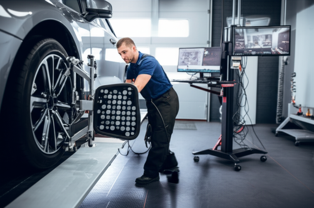Professional mechanic performing frame straightening and alignment repair at Hyperion Auto Repair in Los Angeles