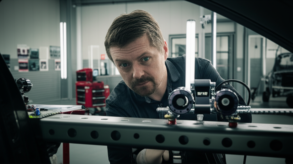 Professional technician performing laser frame measurement on vehicle at Hyperion Auto Repair