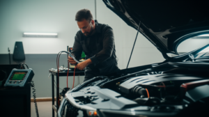 Professional mechanic inspecting engine at Hyperion Auto Repair in Los Angeles