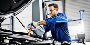 Professional mechanic performing oil change service at Hyperion Auto Repair in Los Angeles