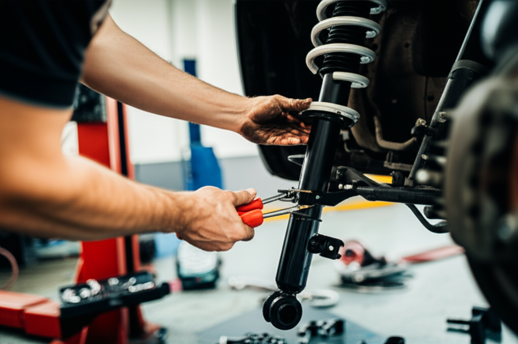 Professional mechanic inspecting car struts and suspension components at Hyperion Auto Repair in Los Angeles