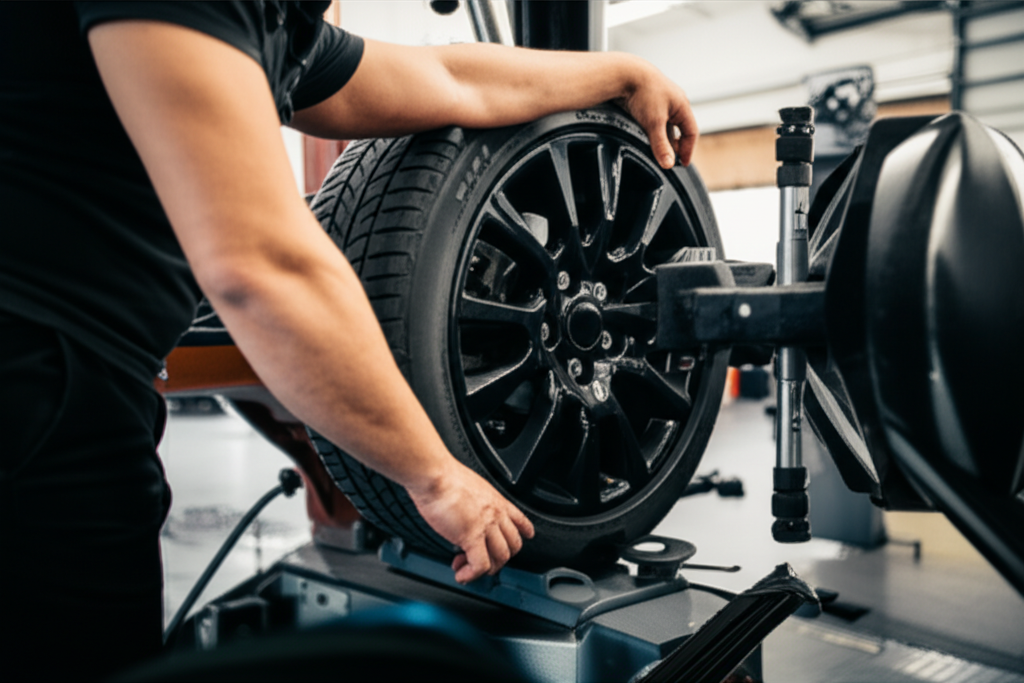 Professional mechanic performing tire rotation and wheel balancing service at Hyperion Auto Repair in Los Angeles