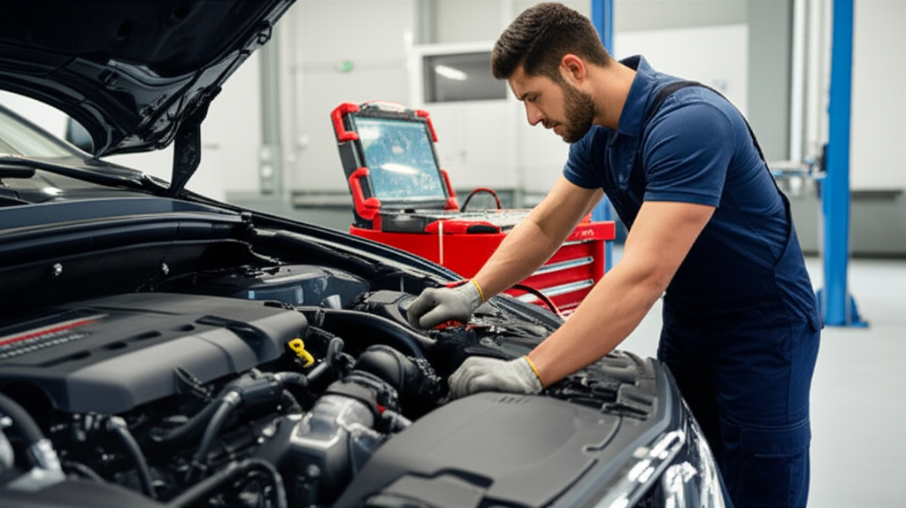 Professional mechanic performing transmission diagnostic testing with computerized equipment at Hyperion Auto Repair in Los Angeles
