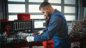 Professional mechanic diagnosing transmission with computer diagnostic equipment at Hyperion Auto Repair in Los Angeles