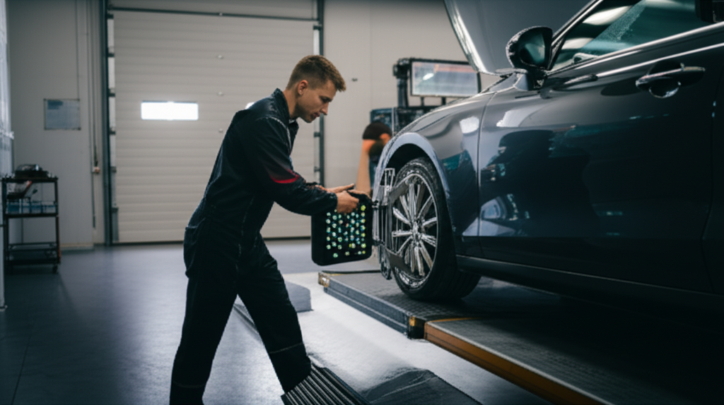 Professional mechanic performing wheel alignment service at Hyperion Auto Repair in Los Angeles