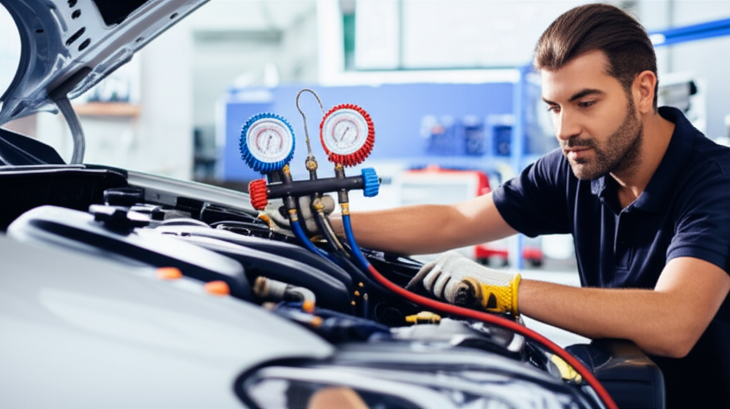 Professional mechanic performing AC recharge diagnostic at Hyperion Auto Repair in Los Angeles