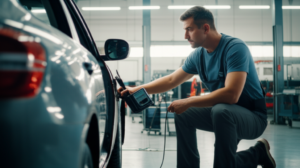 Professional auto body repair technician inspecting vehicle collision damage at Hyperion Auto Repair in Los Angeles