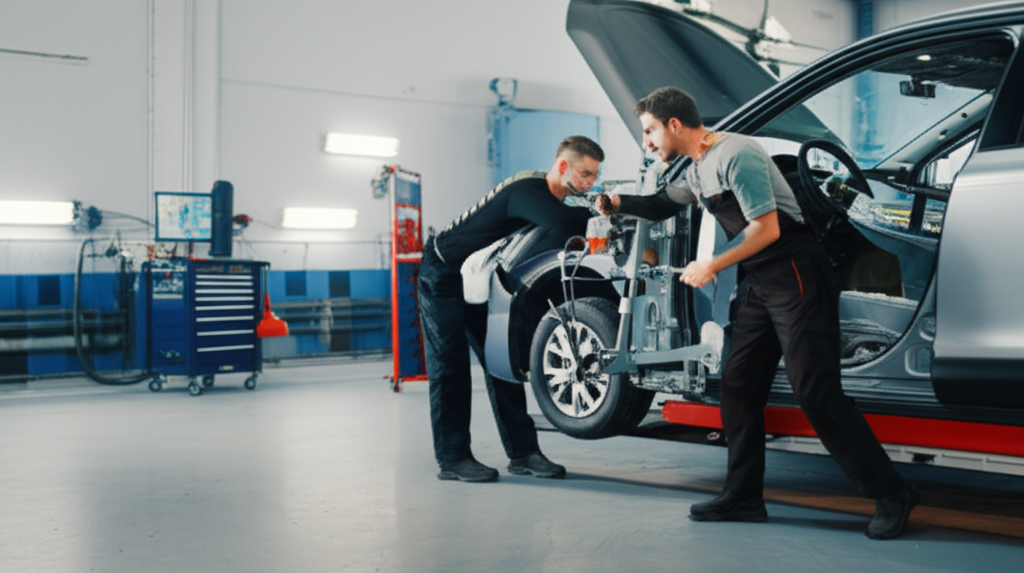 Professional mechanic performing frame straightening using laser measuring equipment at Hyperion Auto Repair in Los Angeles