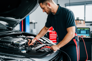 Professional auto mechanic performing diagnostic testing at expert repair shop in Los Angeles