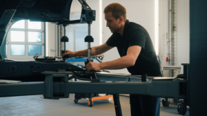 Professional mechanic performing automobile frame repair with specialized equipment at Hyperion Auto Repair in Los Angeles