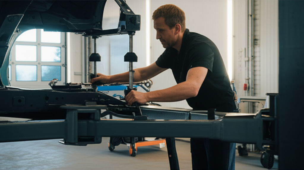 Automobile Frame Repair – Expert Service at Hyperion Auto Repair Los Angeles Professional mechanic performing automobile frame repair with specialized equipment at Hyperion Auto Repair in Los Angeles