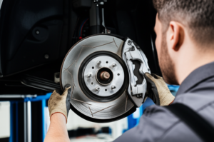 Professional mechanic inspecting brake rotors and calipers at Hyperion Auto Repair in Los Angeles