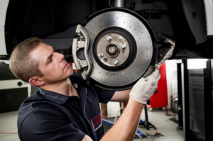 Professional mechanic performing brake pad inspection at Hyperion Auto Repair in Los Angeles