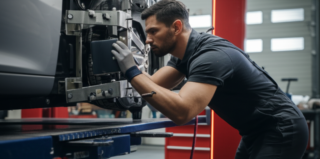Professional mechanic performing frame straightening and collision repair at Hyperion Auto Repair in Los Angeles