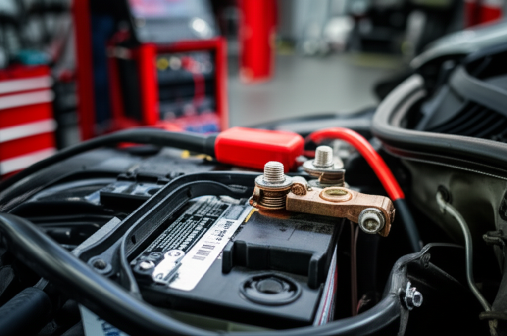 Professional mechanic inspecting car battery terminals and corrosion at Hyperion Auto Repair in Los Angeles
