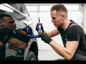 Professional paintless dent repair technician using specialized tools at Hyperion Auto Repair Los Angeles