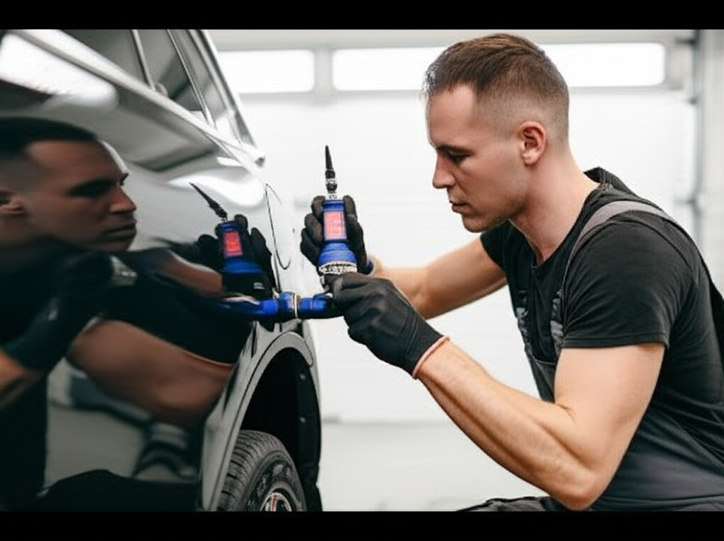 Professional paintless dent repair technician using specialized tools at Hyperion Auto Repair Los Angeles