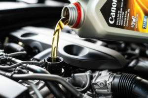 Professional mechanic checking and pouring engine oil at Hyperion Auto Repair in Los Angeles