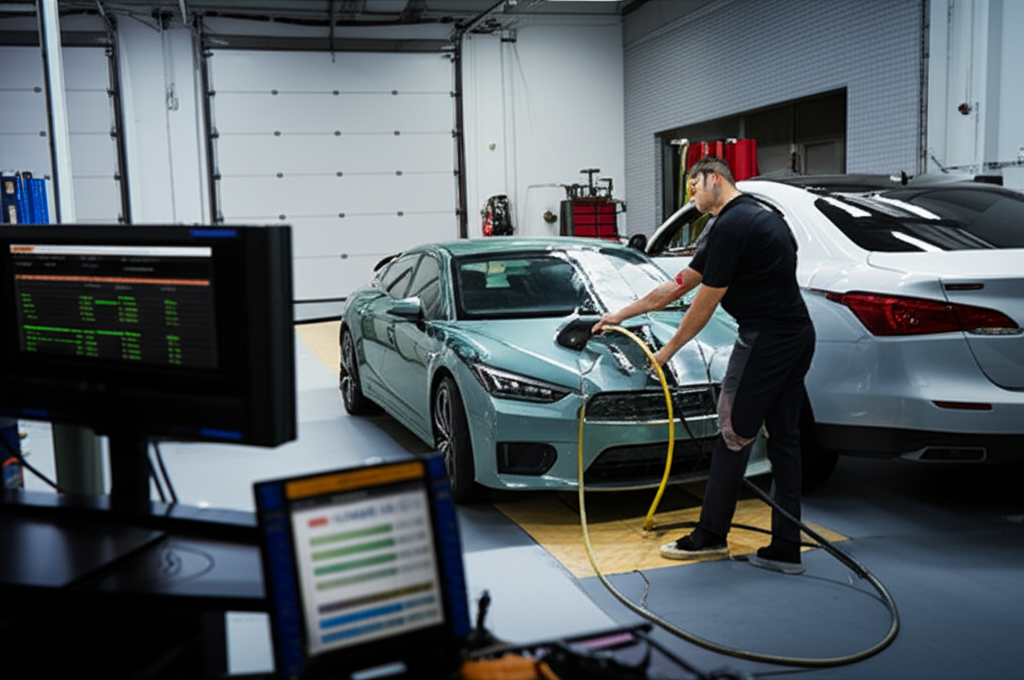 Professional mechanic performing smog check emissions test with diagnostic equipment at Hyperion Auto Repair in Los Angeles