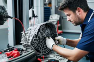 Professional mechanic working on transmission repair at Hyperion Auto Repair in Los Angeles