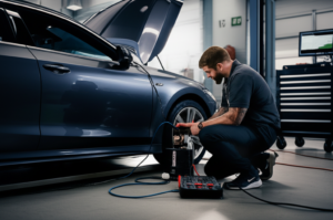 Professional mechanic performing transmission diagnostic testing at Hyperion Auto Repair in Los Angeles