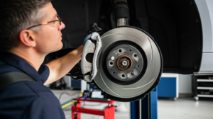 Professional mechanic performing comprehensive brake inspection and pad replacement at Hyperion Auto Repair in Los Angeles