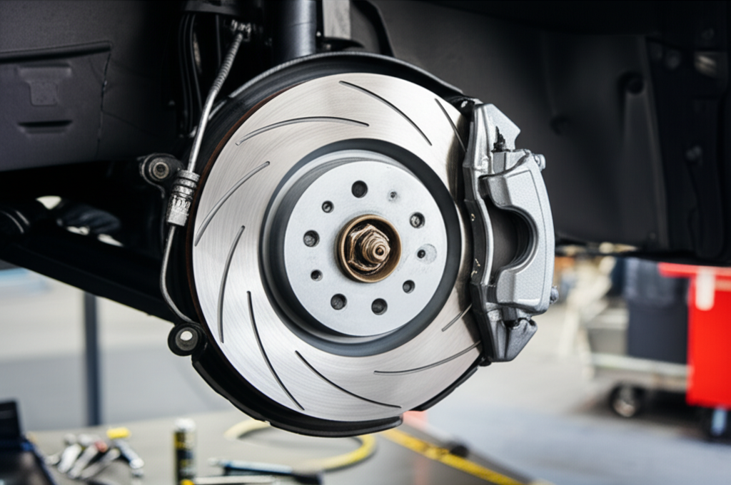Professional brake repair service showing brake rotors and pads at Hyperion Auto Repair in Los Angeles