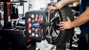 Professional tire balancing service with computerized wheel balancer at Hyperion Auto Repair in Los Angeles
