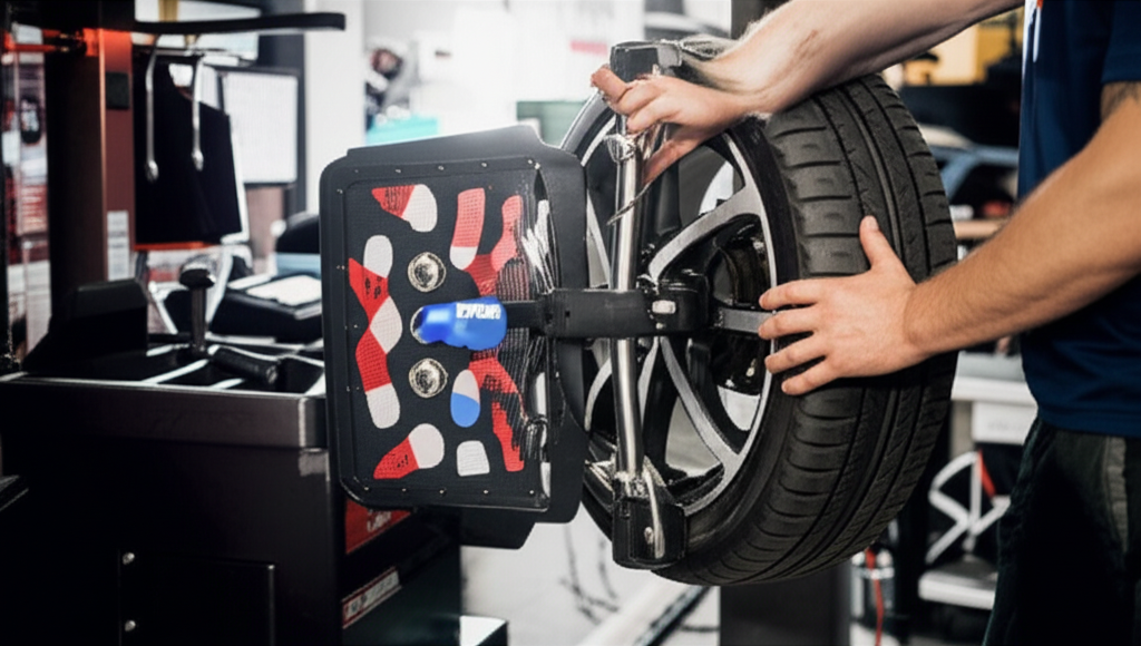 Professional tire balancing service with computerized wheel balancer at Hyperion Auto Repair in Los Angeles