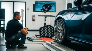 Professional mechanic performing wheel alignment service with laser equipment at Hyperion Auto Repair in Los Angeles