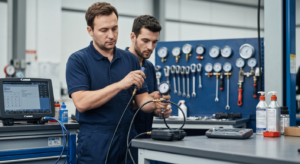 Professional mechanic performing AC diagnostics with pressure gauges at Hyperion Auto Repair in Los Angeles