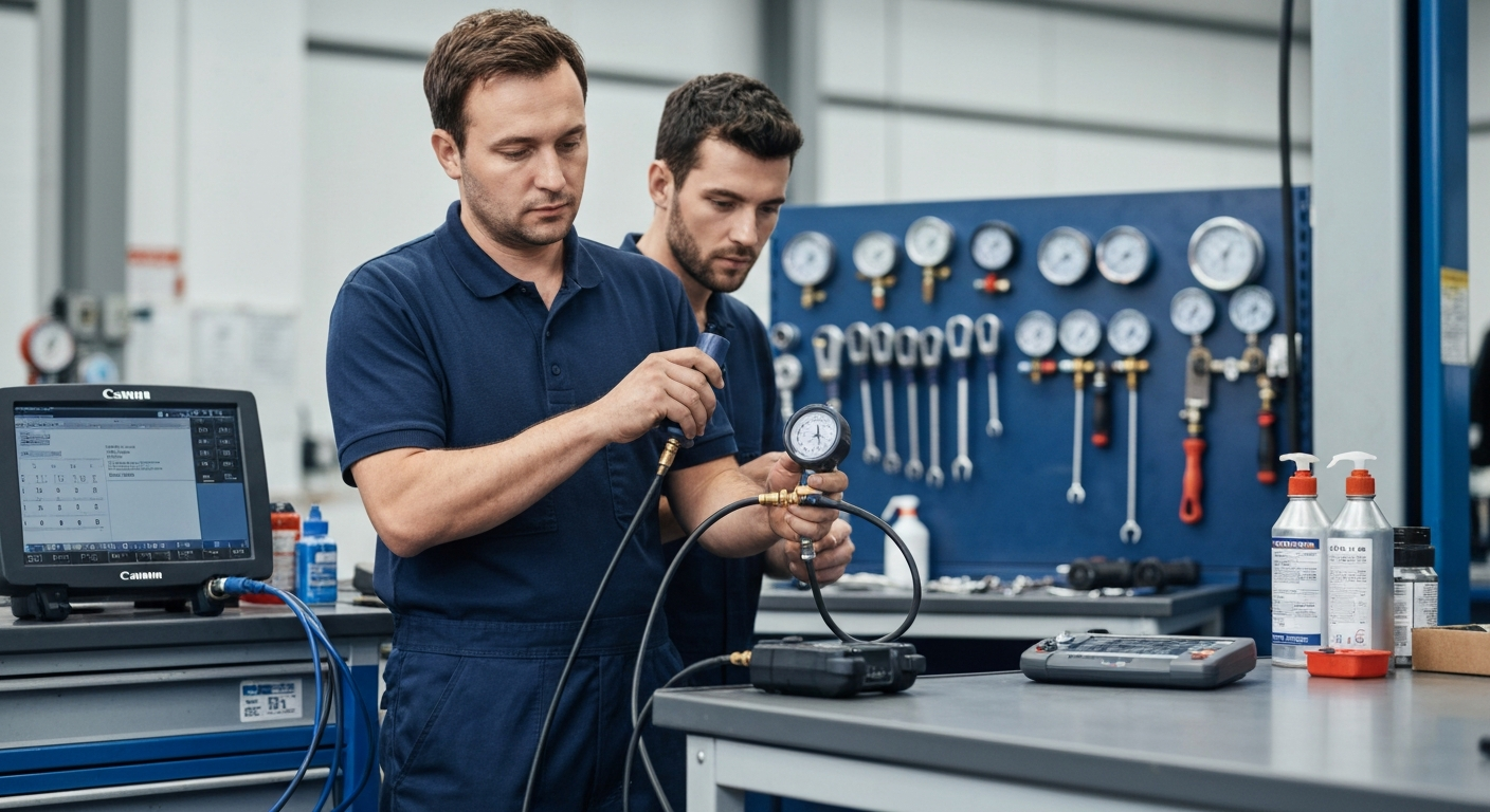 Professional mechanic performing AC diagnostics with pressure gauges at Hyperion Auto Repair in Los Angeles