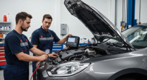 Professional mechanic performing AC repair and diagnostics on a modern sedan, using modern diagnostic equipment at Hyperion Auto Repair in Los Angeles
