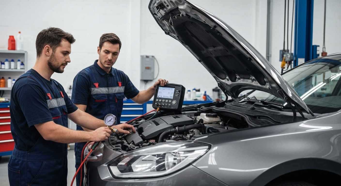 Professional mechanic performing AC repair and diagnostics on a modern sedan, using modern diagnostic equipment at Hyperion Auto Repair in Los Angeles
