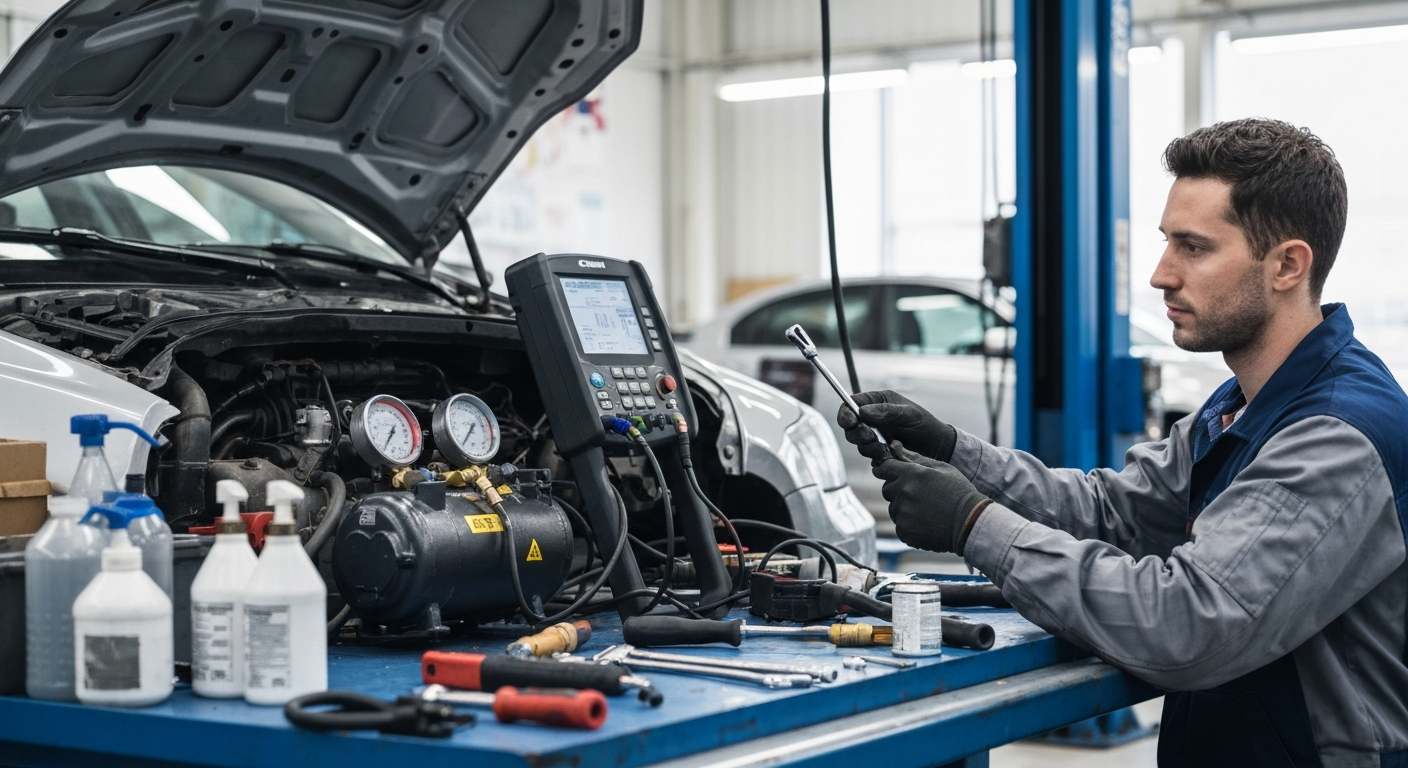 Professional mechanic performing air conditioning system diagnosis at Hyperion Auto Repair in Los Angeles