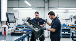 Professional technician inspecting auto body damage and bumper repair at Hyperion Auto Repair in Los Angeles