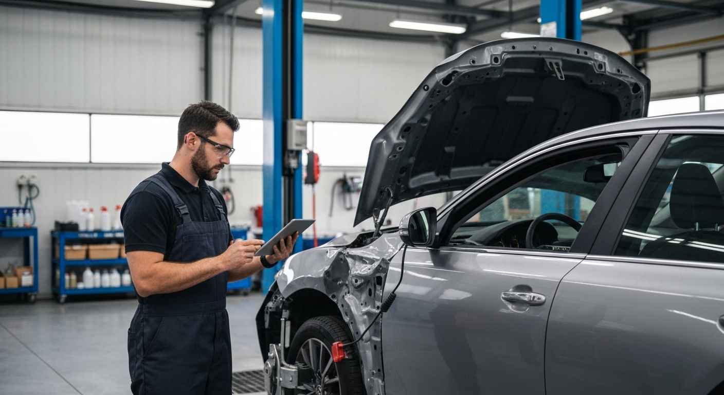 Auto Body Car Repair Near Me – Expert Collision Repair Los Angeles Professional auto body car repair technician inspecting collision damage at Hyperion Auto Repair in Los Angeles