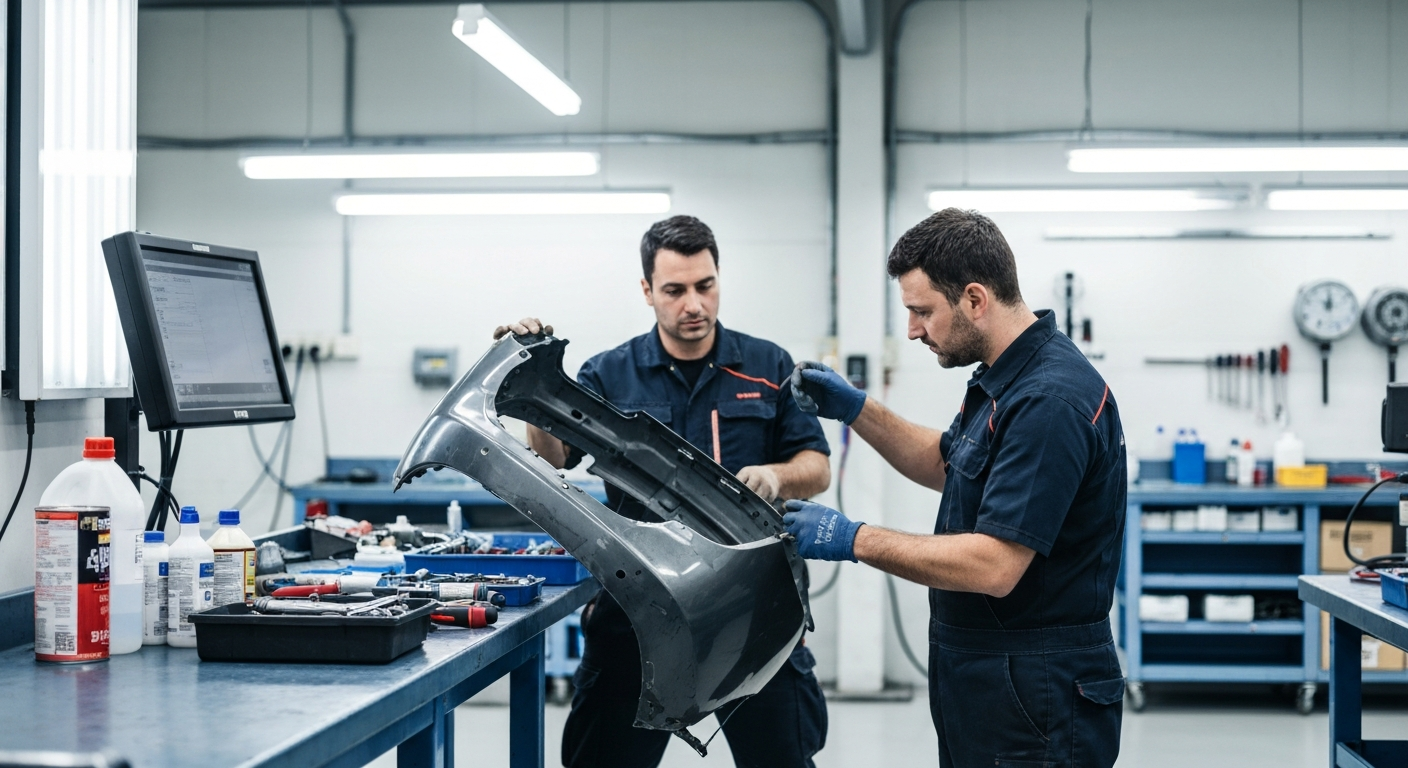 Expert Auto Body Car Repair Near Me in Los Angeles – Professional Inspection Professional technician inspecting auto body damage and bumper repair at Hyperion Auto Repair in Los Angeles