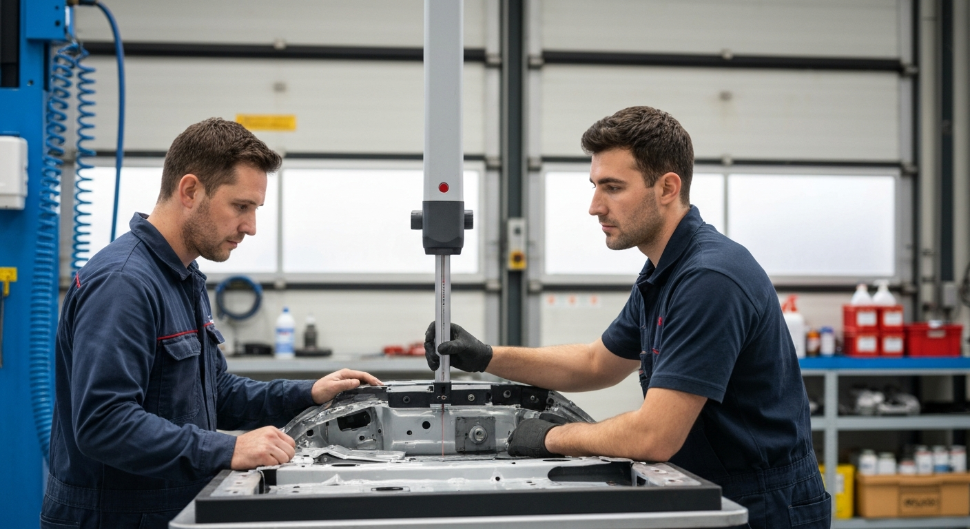 Professional auto body shop technician assessing collision damage with laser measurement equipment at Hyperion Auto Repair in Los Angeles