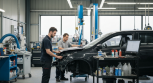 Professional auto body shop interior at Hyperion Auto Repair in Los Angeles, showcasing modern diagnostic equipment and professional collision repair services