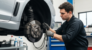 Professional mechanic performing brake pad replacement at Hyperion Auto Repair in Los Angeles