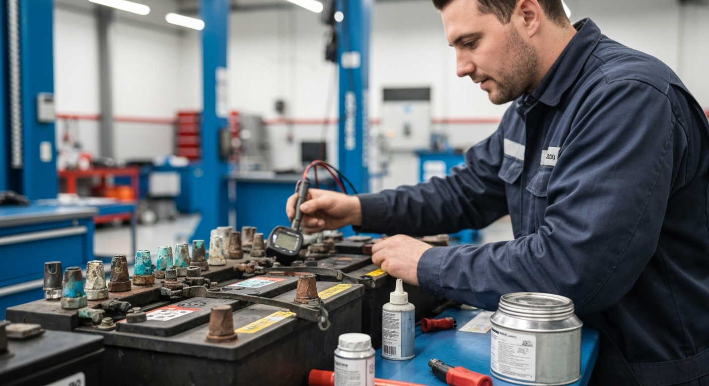 Car Battery Diagnosis – Why Your Battery Won’t Hold Charge Professional mechanic diagnosing car battery not holding charge with voltmeter at Hyperion Auto Repair in Los Angeles