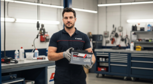 Professional mechanic installing car battery replacement service at Hyperion Auto Repair in Los Angeles