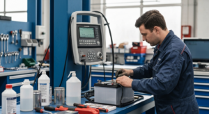 Professional mechanic inspecting car battery at Hyperion Auto Repair in Los Angeles