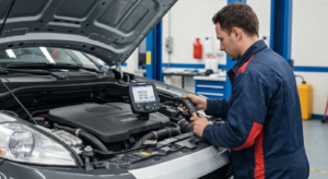 ASE-certified technician performing comprehensive OBD-II diagnostic scan at Hyperion Auto Repair in Los Angeles