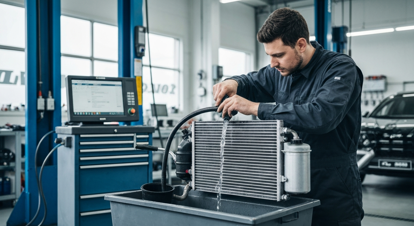 Professional mechanic performing coolant flush service at Hyperion Auto Repair in Los Angeles